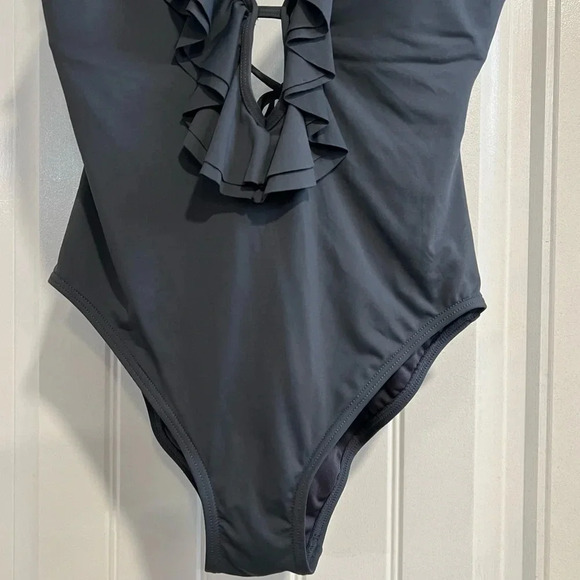 MICHAEL Michael Kors Slate Gray Ruffled Scoop-Back One-Piece Swimsuit. Size 8. - Picture 7 of 16